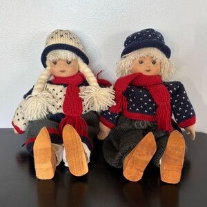 Vtg Dutch Cloth Dolls 12” Boy & Girl Hand Painted Face Wooden Shoes Knit Outfits